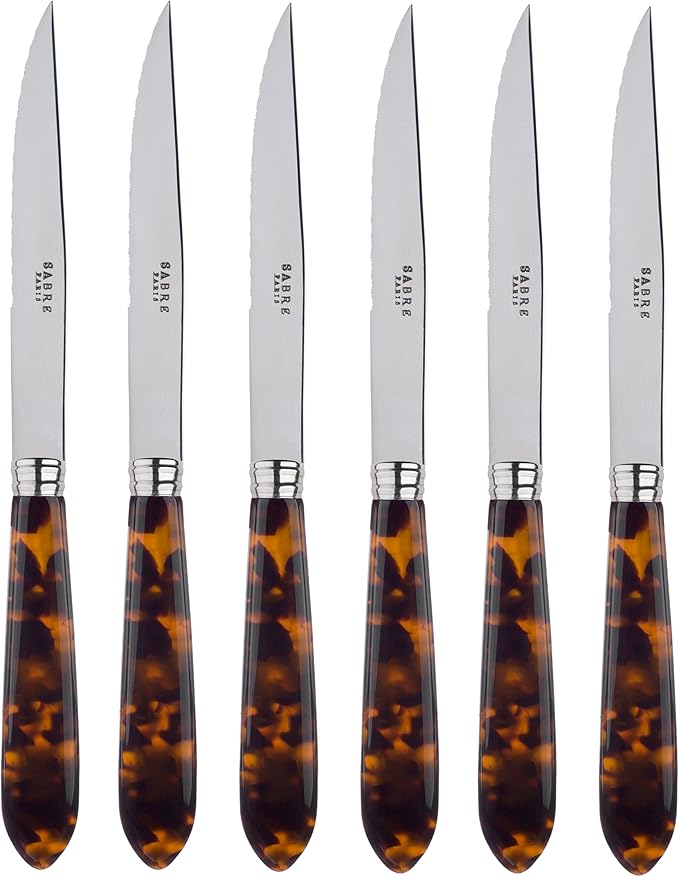 Set of 6 Serrated Steak Knives - Icône Collection - Meat Knives - Stainless Steel & Acrylic - Dishwasher Safe - White