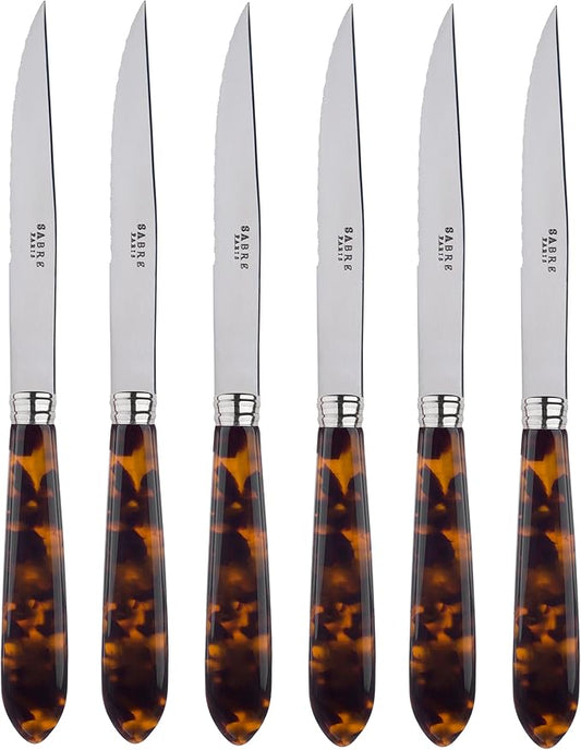 Set of 6 Serrated Steak Knives - Icône Collection - Meat Knives - Stainless Steel & Acrylic - Dishwasher Safe - White