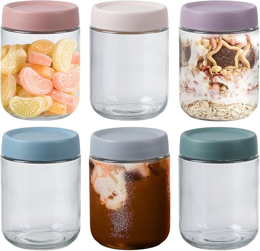 16 OZ Glass Mason Jars with Airtight Lids Wide Mouth Leakproof Pantry Organization Food-Grade Storage Containers for Honey,Salad,Yogurt and Snacks (Plastic Lid-6 Pack)