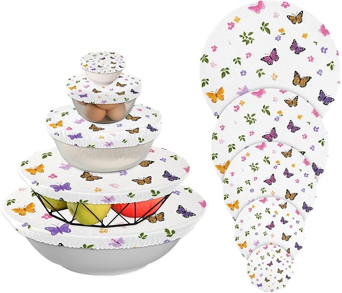 5 Pcs Bowl Covers Reusable in 5 Size Elastic Food Cover Cloth Lids Fresh Keeping Dish Cookware Bakeware Fabric Covers Lids for Food Leftovers Fruits Storage Pretty Butterfly Flower