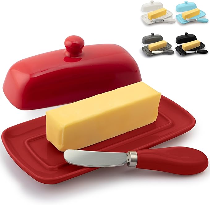 Zulay Butter Dish With Lid For Countertop - Porcelain White, Ceramic Butter Dish with Knob Handle Great for Cooking - Elegant Design Butter Holder - Durable & Sturdy Butter Keeper - Red