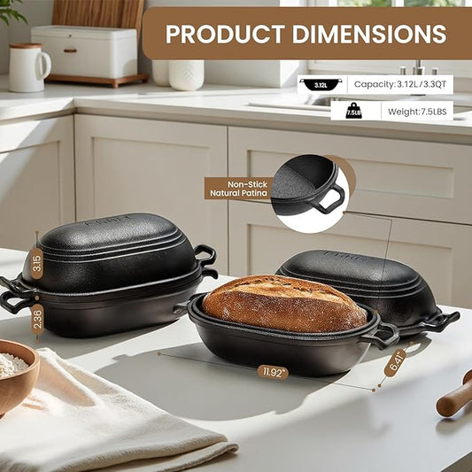 Cast Iron Loaf Pan with Lid-Bread Baking Pan for Sourdough,Pre-Seasoned Oval Dutch Oven, 9 x 5-4/5 Inch Loaf Pans for Homemade,Heavy Duty with Even Heating