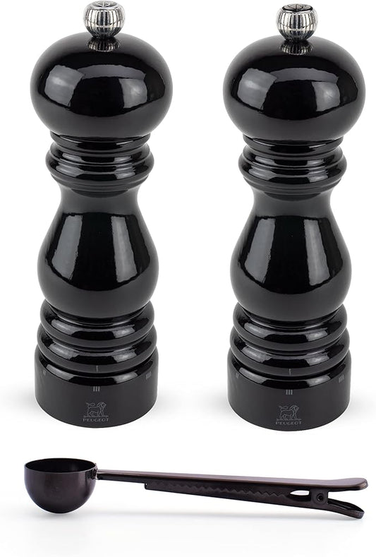 Peugeot Paris u'Select 6 Setting Manual Salt & Pepper Mill Set With Black Stainless Steel Spice Scoop Made In France (Black Lacquered, 5- Inch)