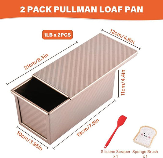 Pullman Loaf Pan with Lid, 2 Pack 1 lb Dough Capacity for Homemade Bread, Non-stick Corrugated Carbon Steel Bread Toast Box with Cover for Bakeware, Sandwich & Toast Oven Baking, Gold