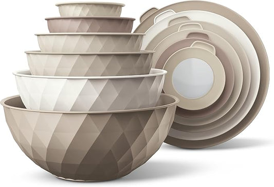 COOK WITH COLOR Mixing Bowls with Lids - 12 Piece Plastic Nesting Bowls Set includes 6 Prep Bowls and 6 Lids, Diamond Design - Microwave Safe, Brown