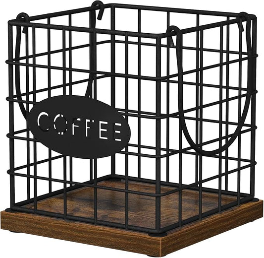 YINMIT K Cup Holder Organizer, Rustic Coffee Pod Holder Organizer, 35 Kcup Holder for Counter with Handle,Large Capacity Black Wire Coffee Capsule Basket for Kitchen Office Desktop (Square Grid)