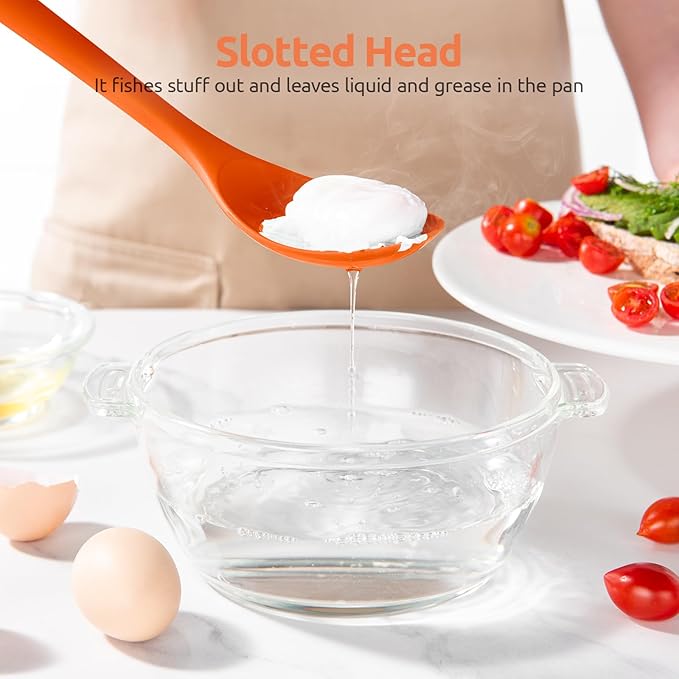 600ºF Heat Resistant Silicone Spoons: U-Taste 13.3in Solid & Slotted Kitchen Cooking Spoon, Nonstick Long Rubber Utensil, Sturdy for Mixing, Serving, Stirring, Frying, Draining (Orange, 2PCS)