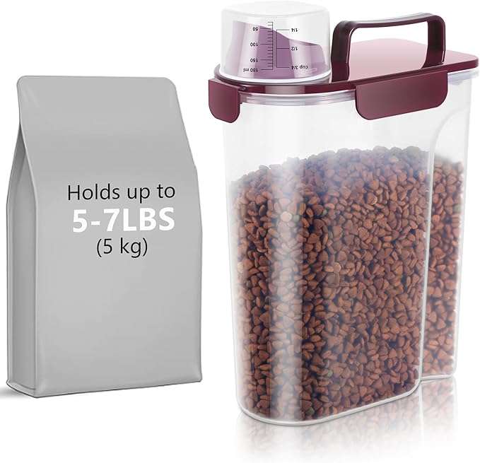 5Lbs/6Qt Airtight Pet Storage Container Translucent Body, Upgraded Large Nozzle With Handle Design For Cat Dog Bird Food and for Small Animal Kibble, Oatmeal, Rice, Flour, Brown Sugart-Purple