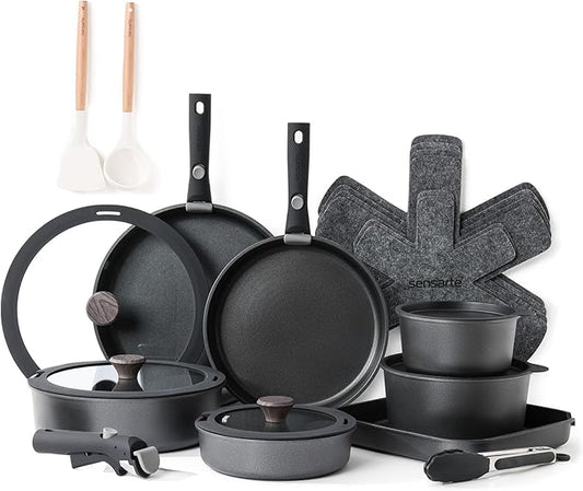 SENSARTE 24 Piece Pots and Pans Set, Nonstick Detachable Handle Cookware, Induction Kitchen Cookware Set with Removable Handle, Healthy Non Stick for RV, Dishwasher&Oven Safe (Black)