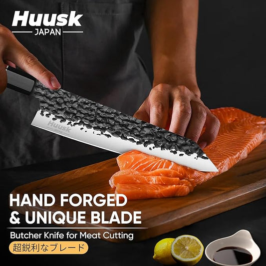 Huusk Japanese Kiritsuke Chef Knife - 8" Hand Forged Knives, 3 Layers 9CR18MOV High Carbon Kitchen Knife, Professional Sharp Cooking Knives with Ergonomic Handle for Meat, Vegetables, Fish