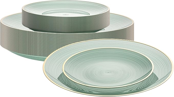 Restaurantware Plastic Plates 40 Pcs 7.13" and 10" Combo Gold Rimmed Plate Set Disposable Heavy-Duty Green Translucent Rippled Plastic Dinner Servers for Party, Weddings, Salads, Desserts