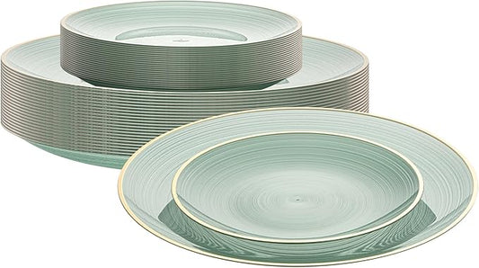 Restaurantware Plastic Plates 40 Pcs 7.13" and 10" Combo Gold Rimmed Plate Set Disposable Heavy-Duty Green Translucent Rippled Plastic Dinner Servers for Party, Weddings, Salads, Desserts