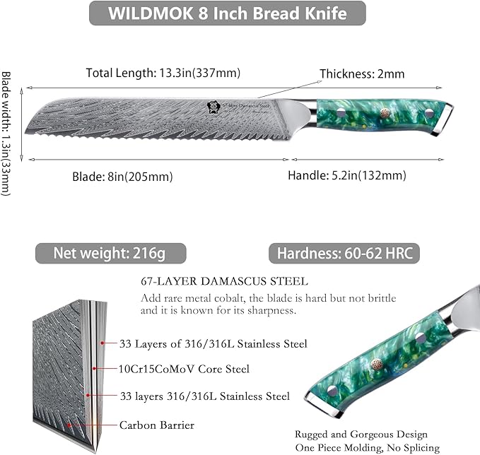 WILDMOK Serrated Bread Knife - 8 inch, Strong Resin Handle, 67 Layer Japanese VG10 Steel Slicer