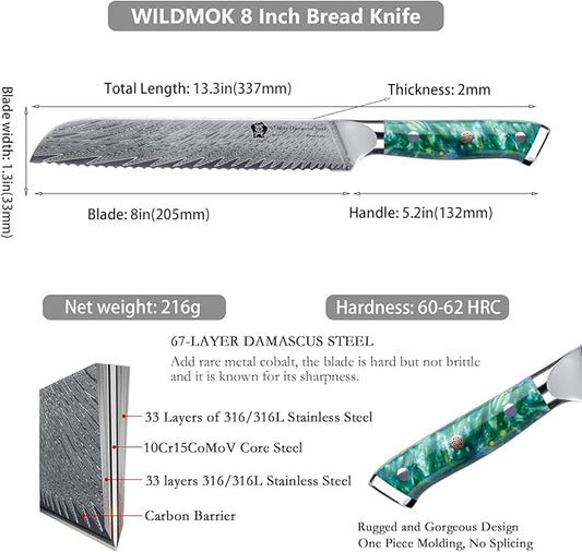 WILDMOK Serrated Bread Knife - 8 inch, Strong Resin Handle, 67 Layer Japanese VG10 Steel Slicer