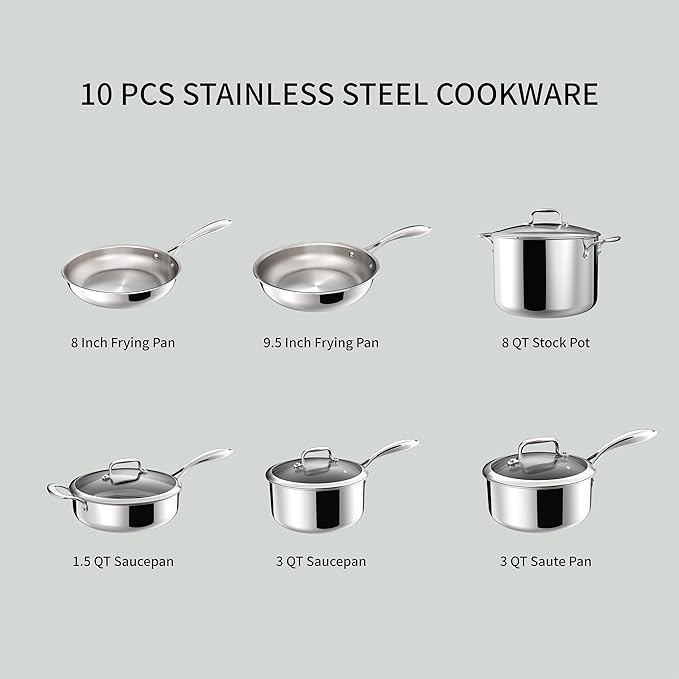 10 Pcs Stainless Steel Cookware Set, No Coating Frying Pans, Saucepans, Saute Pan and Stock Pot, Suitable for All Cooking Hobs