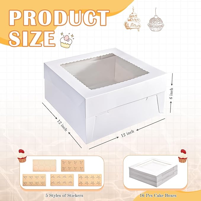 16Pcs 12x12x6 Inch Cake Boxes with Window, White Bakery Boxes, Cake Carrier Container for Pastries, Pie, Cookies, Chocolates, Cupcakes, Birthday Party, Wedding