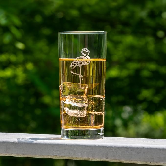 Rolf Glass Flamingo Highball Glass | 15oz Cooler Glasses | Lead-Free and Sand-Etched | Heavy Base, Thick Glass | Made in the USA | Tropical and Coastal Engraved Pineapple | Set of 4