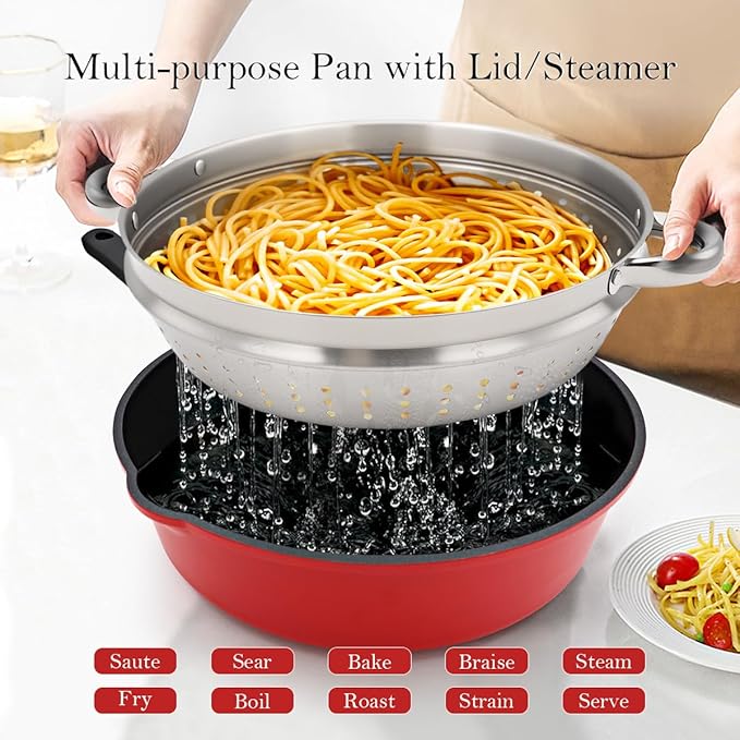 11 Inch Nonstick Deep Frying Pan with Lid, 4-Pc Set - (4.5 Qt Saute Pan with Lid, Steamer/Strainer Basket, Silicone Spatula), Skillet with Detachable Handle, Oven Safe, Non-Toxic