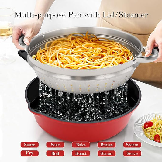 11 Inch Nonstick Deep Frying Pan with Lid, 4-Pc Set - (4.5 Qt Saute Pan with Lid, Steamer/Strainer Basket, Silicone Spatula), Skillet with Detachable Handle, Oven Safe, Non-Toxic