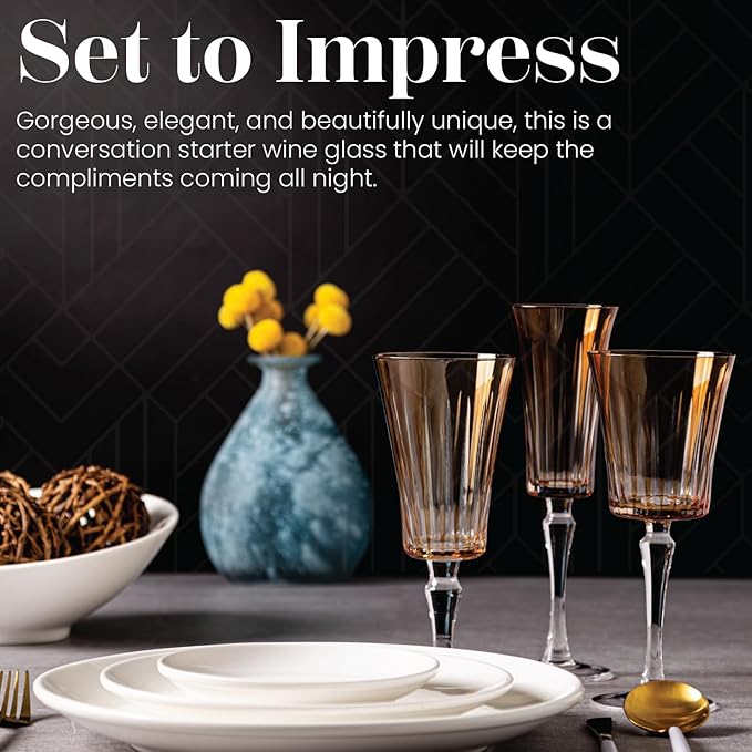 Vikko Colored Wine Glasses, Timeless Collection 10 Ounce Elegant Wine Glass for Fine Dining, Set of 4 Amber Goblets with Stem, Dishwasher Safe