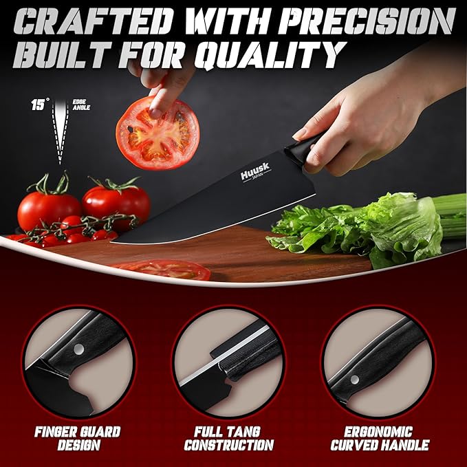Huusk Japanese Chef Knife Set for Kitchen - 3 pcs Black Kitchen Knife Set with Titanium Coating, Stainless Cutting Knives Sets, Professional Cooking Knives for Vegetable Fruit Meat, Fathers Day Gift