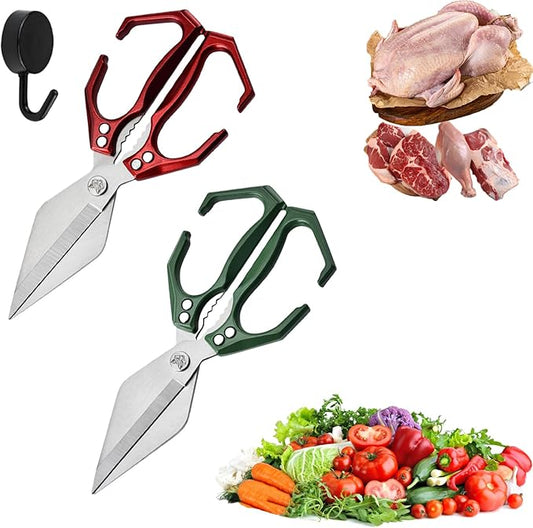 Seattleget Multifunctional Heavy-Duty Kitchen Shears, High-Carbon Steel 9.25" Multipurpose Kitchen Scissors for Chicken, Meat & Veggies, Ergonomic Non-Slip Handle, Built-in Nut Cracker (Red+Green)