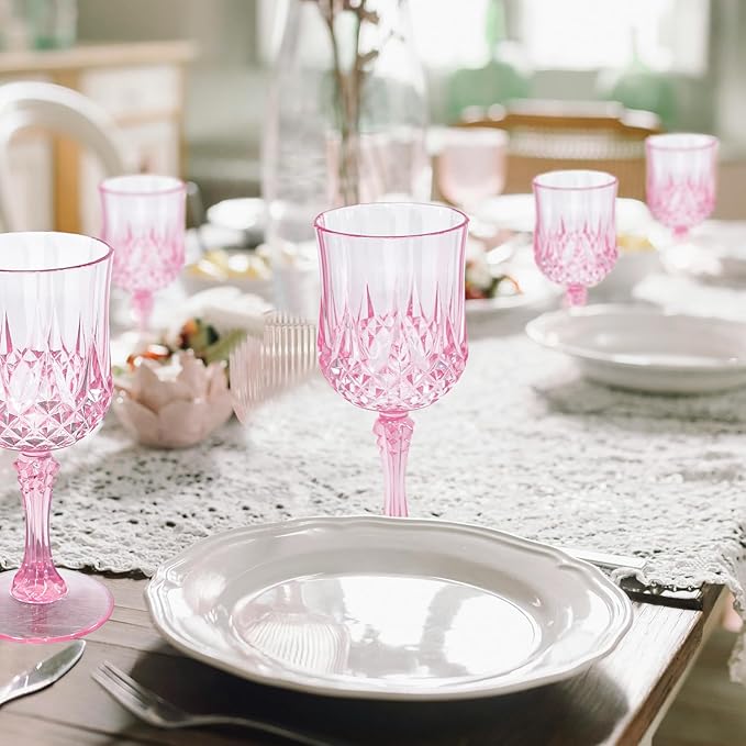 12 Pcs Pink Plastic Wine Glasses, Plastic Goblets Vintage Style Cordial Glasses Drinking Glasses Pink Goblets For Home, Office, Bars, Wedding, Ribbed (7 oz)