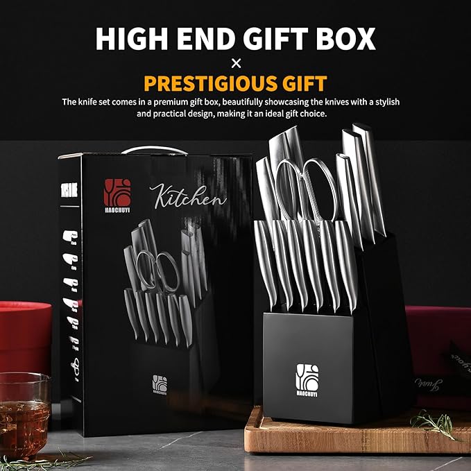 Premium Quality 14-Piece Knife Set with Block, Professional Chef Knife Set - Ultra-Sharp Kitchen Knives with Ergonomic Wood Handle, Ideal for Home, Outdoor, Camping, BBQ, and Gifts for Men
