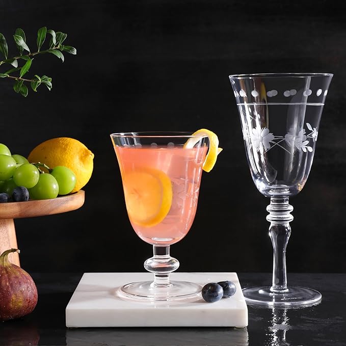 Royalrose Premium Delight Wine Glasses Set of 4, 14.2 oz – Hand-Blown with Etched Long Stem, Classic Glassware for Weddings, Dinners, and Holiday Gifting (Vintage Wine Glasses)