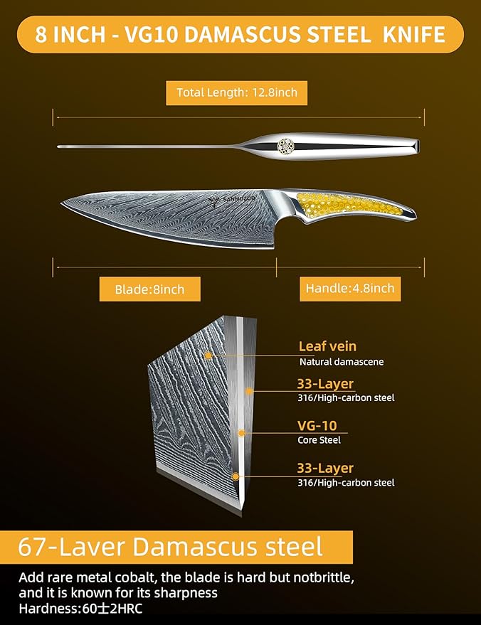 8 inch Chef Knife, Japanese VG-10 Damascus Steel Kitchen Knife, Ultra Sharp Cooking Knife with Full-tang Handle in Yellow Resin, LA-S9 Series
