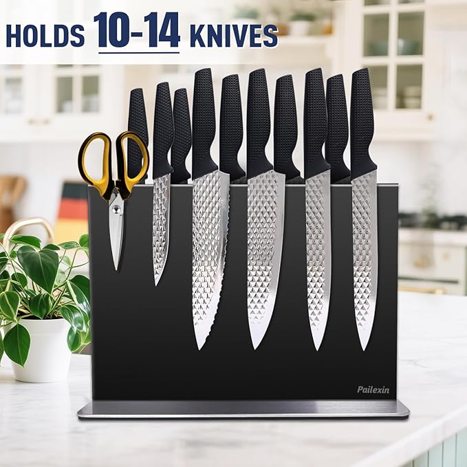 Magnetic Knife Block Without Knives—Black Stainless Steel Double-Sided Magnetic Knife Holder Stand with Strong Magnets, Knife Storage Organizer for Kitchen Counter top