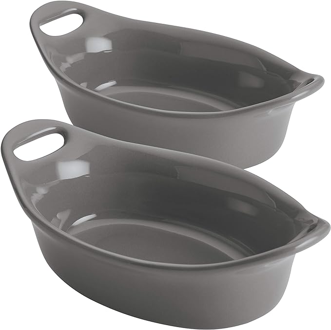 Rachael Ray Solid Glaze Ceramics Au Gratin Bakeware / Baker Set, Oval - 2 Piece, Gray