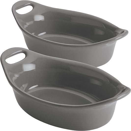 Rachael Ray Solid Glaze Ceramics Au Gratin Bakeware / Baker Set, Oval - 2 Piece, Gray