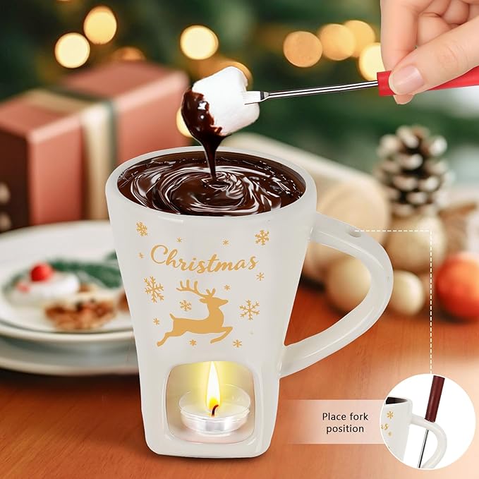 HANEVEAR Chocolate Fondue Mug, Mini Chocolate Melting Mug with 2 Forks and 2 Tealights, Ceramic Fondue Cup with Festive Holiday Pattern for Cheese, Butter - Birthday, Christmas, Wedding Gift (Red)