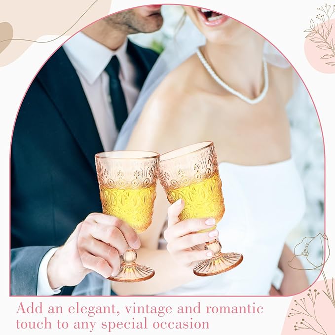 Eaasty Wine Glasses Set of 6 Vintage Goblet 9 oz Vintage Colored Glass Goblet Beverage Stemmed Glass Cups Romantic Embossed Glassware for Wedding Party Holidays Anniversary (Pink)