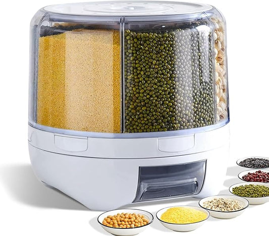 Grain Dispenser, 360° Rotating Storage Container, 6 Grid Food Dispenser with Storage Sealed Lid, Rice Dispenser for Grains, Beans, Rice, Peanut, Barley