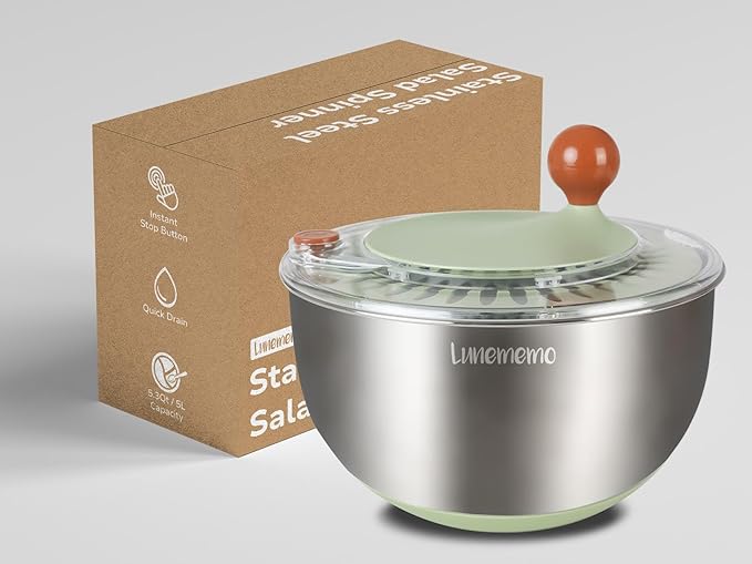 Stainless Steel Salad Spinner, Lettuce Spinner with Drain, Non-Slip Base, Stop Button, Vegetable Dryer, BPA Free, 5.3 Qt