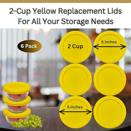 2 Cup/470 mL Yellow Replacement Lids/Covers for Pyrex 7200-PC, 2 Cup/16oz Anchor Hocking & Klare Ware Storage Bowls *Lids Only* - *Glass Container Not Included* (6 Pack, Yellow)
