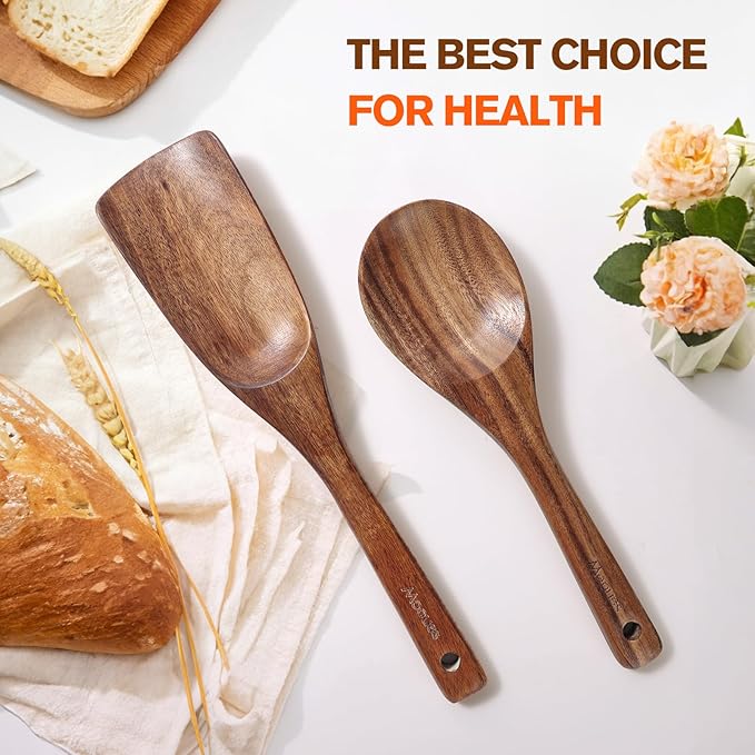 Wooden Spoons for Cooking, Wooden Utensils for Cooking Natural Teak Wooden Kitchen Utensils Set Comfort Grip(2 PCS)