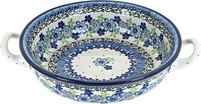 Blue Rose Polish Pottery - Blue Eliza Mini Casserole with Handles - 6.75" Diameter - Unique, Dishwasher Safe, & Durable Bakeware