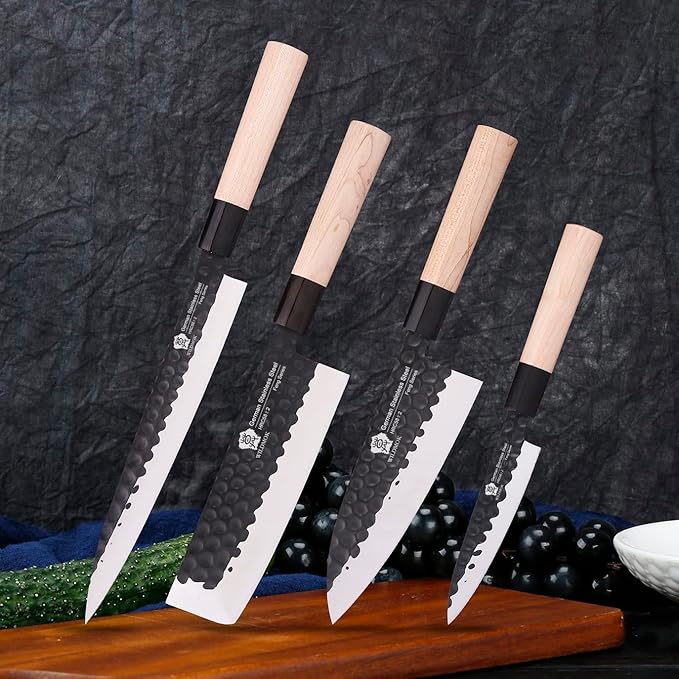 WILDMOK Left Handed 4pcs Knife Set GYUTO Sashimi Sushi Knife Sets for Left Handed, Fish Filleting Chef Knife for Kitchen German Steel Blade & Traditional Wooden Handle