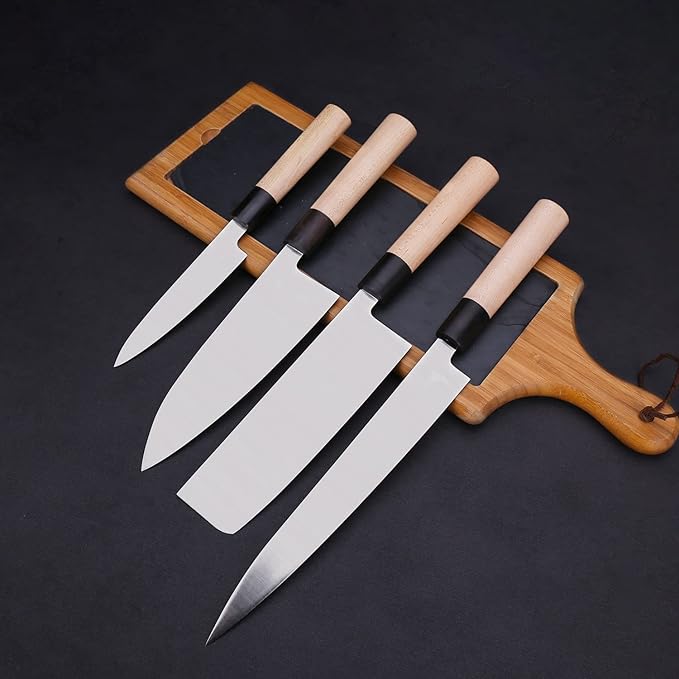 WILDMOK Set of 4 GYUTO Sushi Chef Knives-Yanagiba-Deba-Nakiri-Utility Kitchen Knife, Fish Slicing Filleting Knife Sets with German Steel Blade & Traditional Wooden Handle