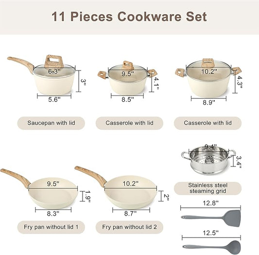 FAB&DELUXE Nonstick Cookware Set,11 Pcs Nonstick Pots and Pans, Aluminum Cooking Set with Lids & Wooden Handles, Non-Toxic Healthy Kitchen Cookware Sets, Silicone spoons & Spatulas, PFAS & PFOA Free