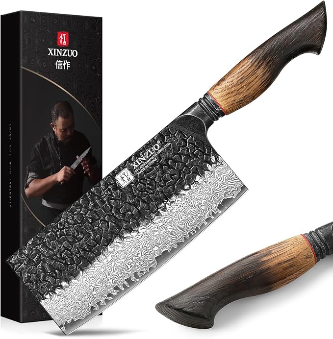 XINZUO 7.3 Inch Vegetable Cleaver Knife,10Cr15Comov Steel Core Forged Damascus Steel,Sharp Slicing Knife For Home Kitchen And Restaurant,Ergonomic White Oak + Red G10 Gasket Handle