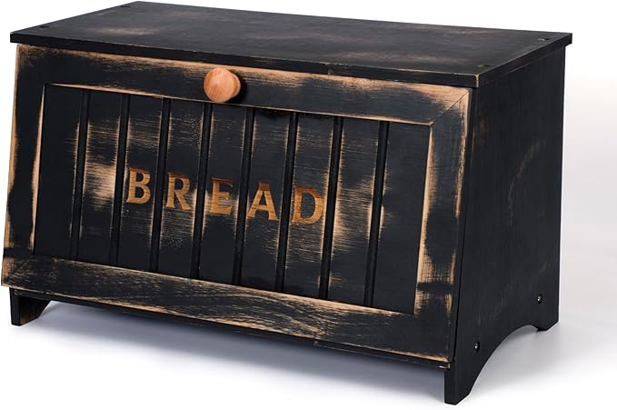 Bamboo Bread Box for Kitchen Countertop, Black Vintage Wooden Counter Breadbox, Single Layer Rustic Wood Large Capacity Bread Storage Container Bin