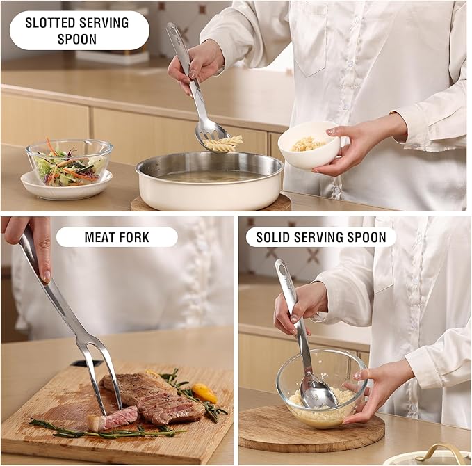 Stainless Steel Cooking Utensils Set, 7PCS Kitchen Utensils Set, Durable Kitchen Utensils - Meat Fork, Solid Serving Spoon, Ladle, Pasta Fork, Skimmer, Slotted Serving Spoon, Slotted Spatula