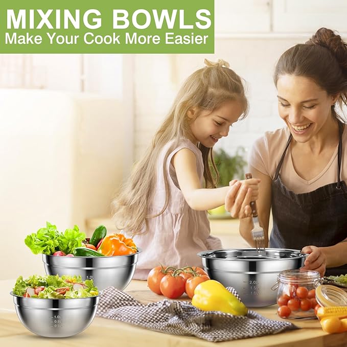 Mixing Bowls with Lids Set - 5 PCS Stainless Steel Mixing Bowls - Mixing Bowl Set with Lids for Kitchen, Size 4.4, 3.6, 2.7, 2.1,1.5QT, Ideal for Baking, Prepping, Cooking and Serving Food