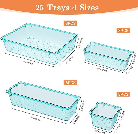 25 PCS Plastic Drawer Organizer Set, 4-Size Versatile Organizer Trays & storage Bins for Makeup, Jewelry, and Gadgets in Bathroom, Bedroom and Office, Sea Blue