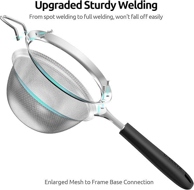 U-Taste Medium Fine Mesh Strainer: 18/8 Stainless Steel 4.73in 30 Mesh Kitchen Food Sieve with Sturdy Riveted Silicone Handle, Heavy Duty Deep Handheld Metal Colander for Rice, Quinoa, Flour (Black)
