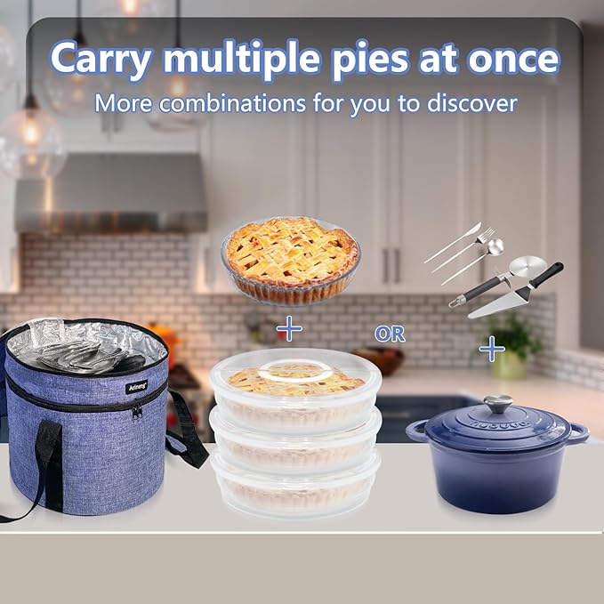 3 pack pie carrier with lid and handle,of insulated bag,pie carriers for transport,Holds 3 pies/Pizza,Thanksgiving Day (Purple, 3 pie carriers + insulated bag)